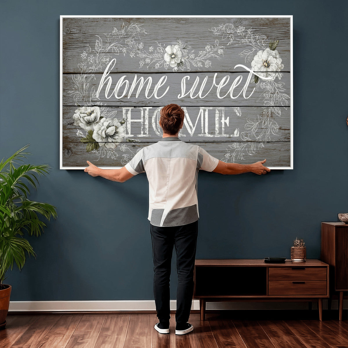 Home Sweet Home Sign Wall Art Canvas Print, Floral Farmhouse Decor