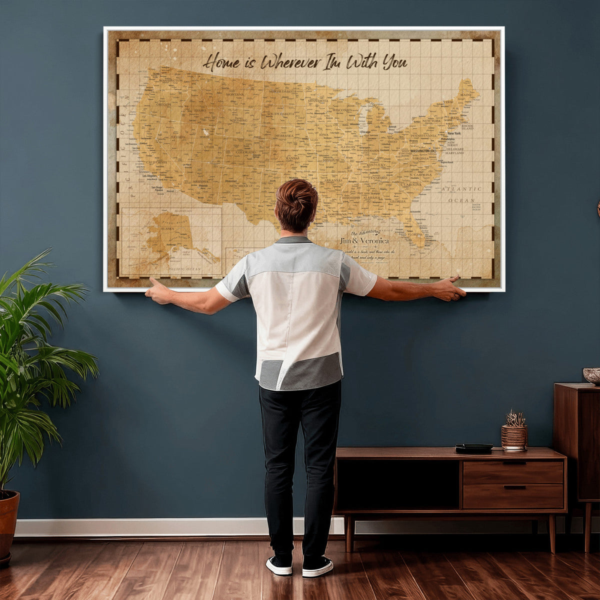 62164711-MGV-CV-36X24 - Personalized USA Push Pin Travel Map, Custom United States Map, Push Pin Map, USA Bucket List Map, Anniversary Gift - Couple Travel Map Wall Art