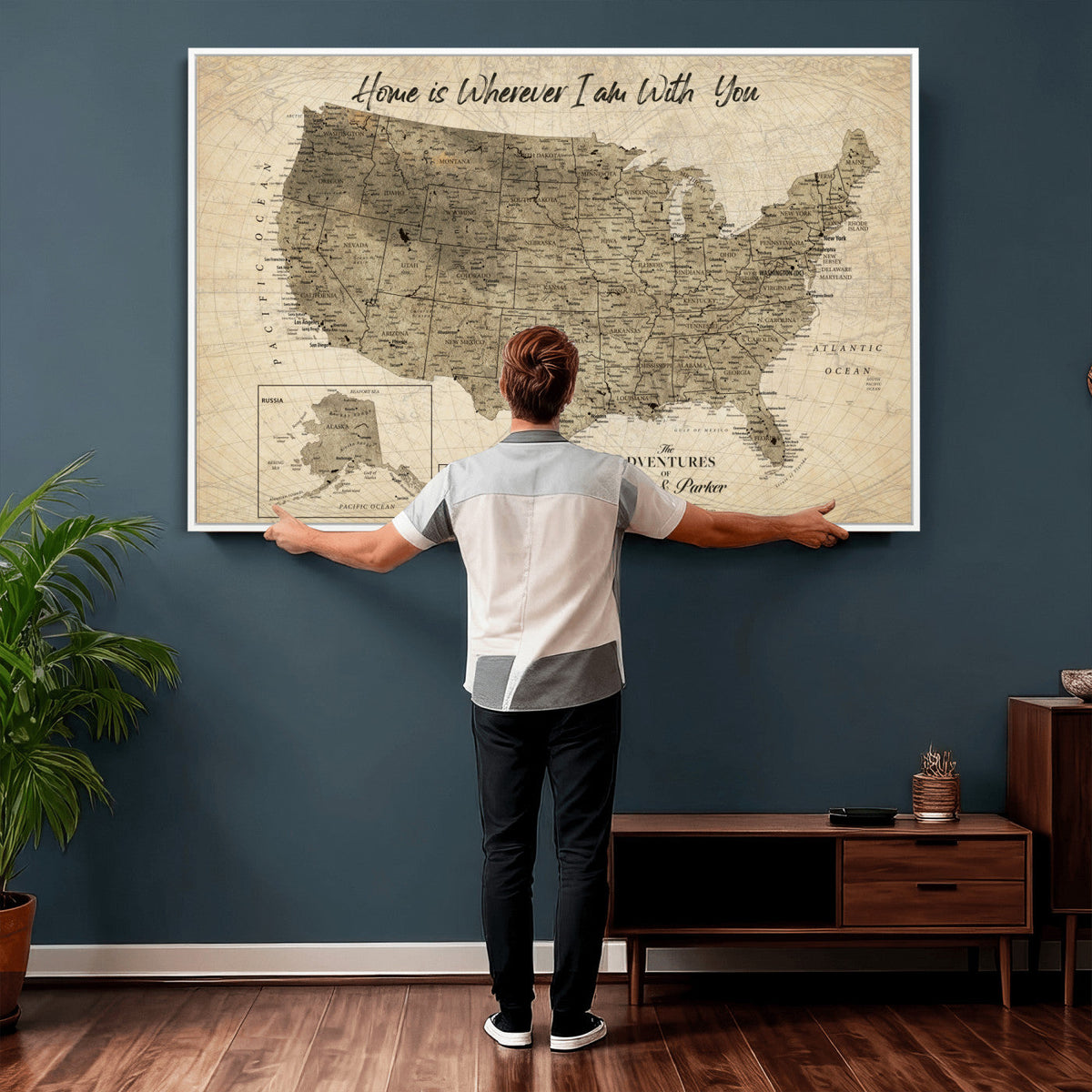 25440520-MGV-CV-36X24 - Detailed Personalized Push Pin United States Map Wall Art, States Visited Map, Office and Hallway Decor