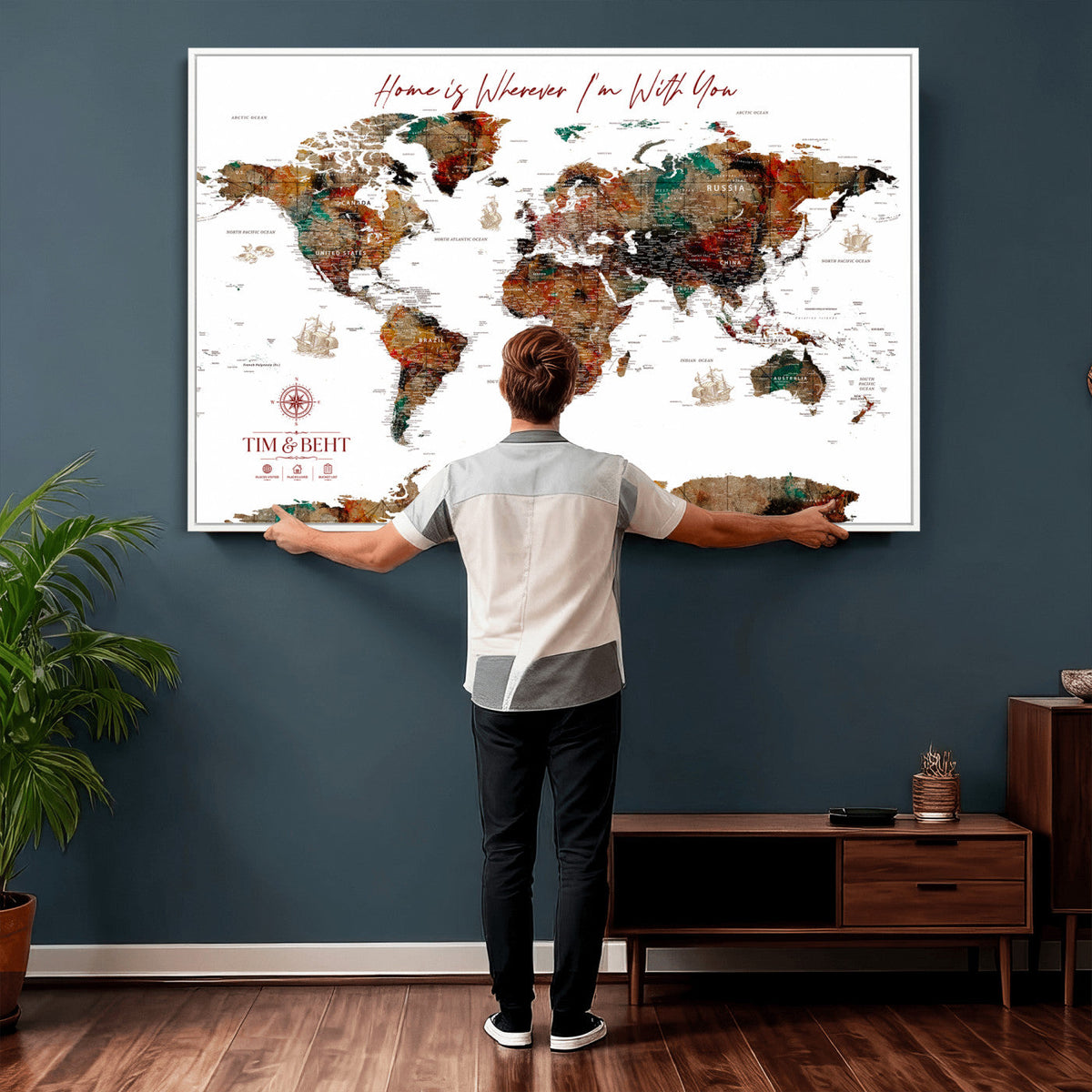 116MESUT-MGV-CV-36X24 - Custom Push Pin World Map Canvas Print | Personalized Travel Map Wall Art
