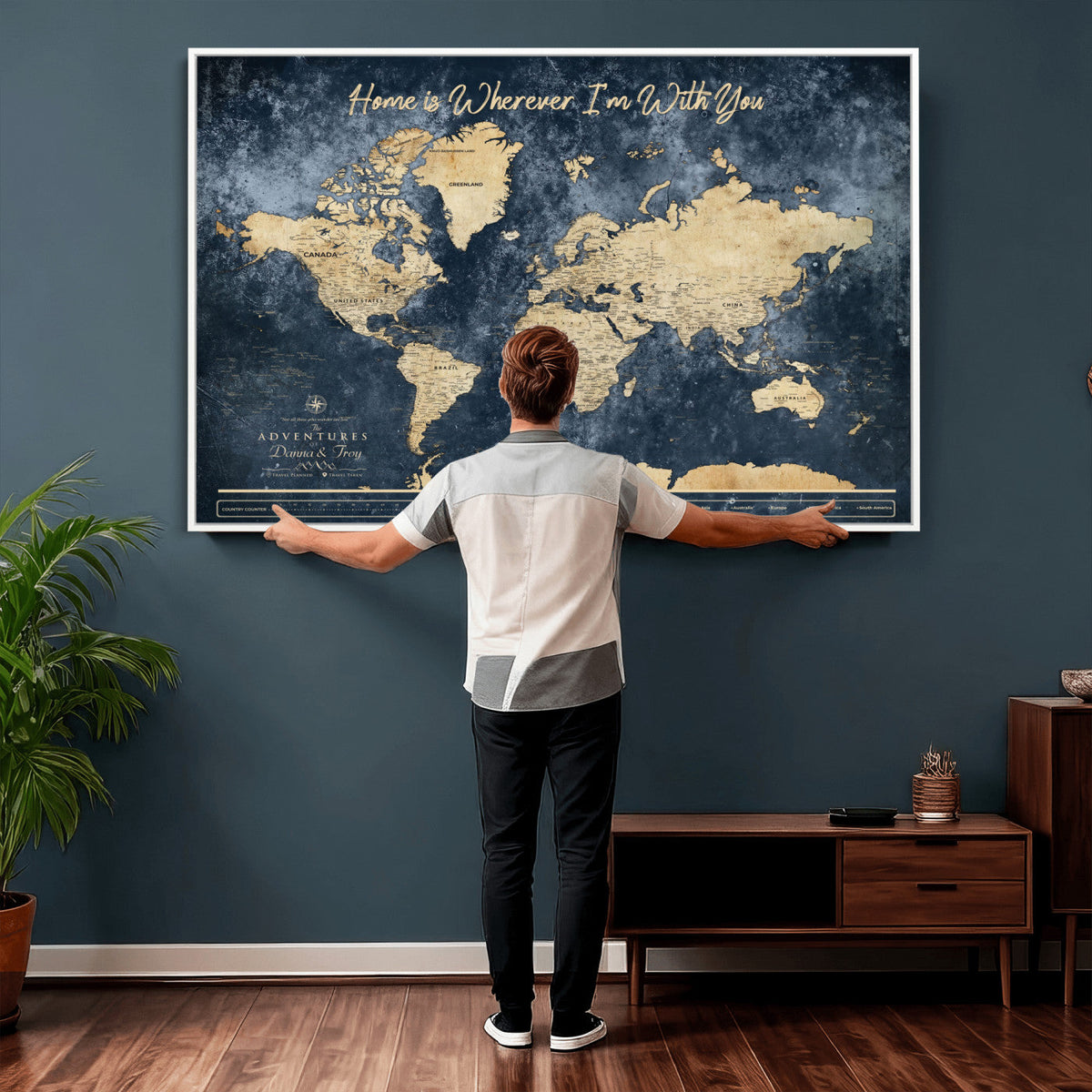 400867BL-MGV-CV-36X24 - Framed Blue Custom Push Pin World Map Canvas Print | Personalized Travel Map Wall Art