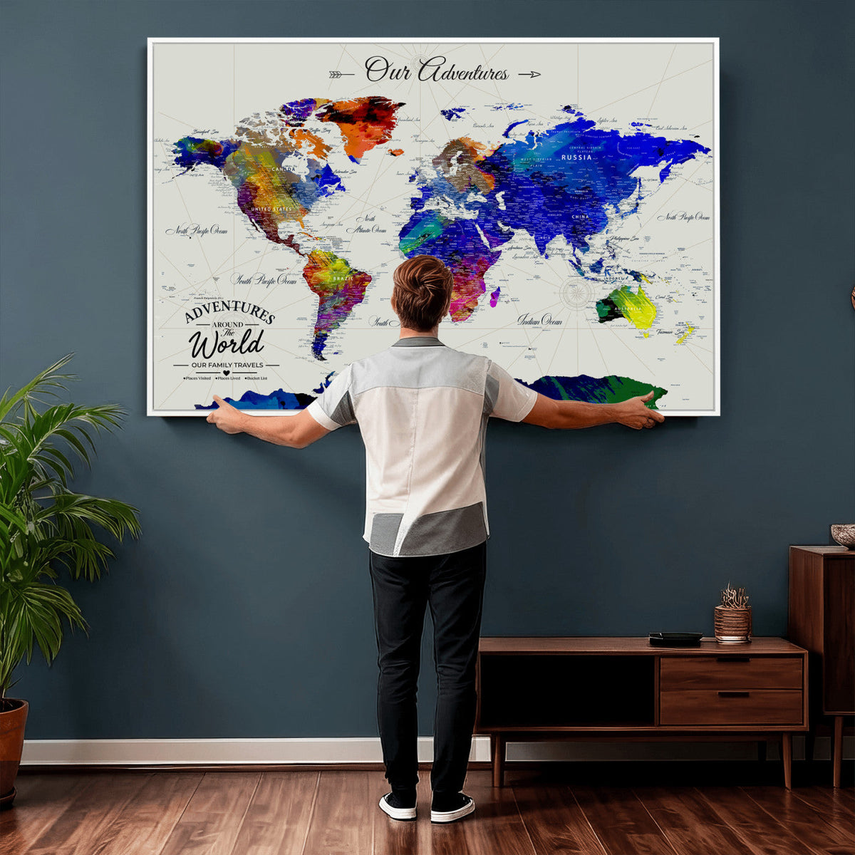 88162438-MGV-CV-36X24 - Our Family Adventures Push Pin World Map Wall Art Canvas Print | Family Travel Tracker Map with Pins