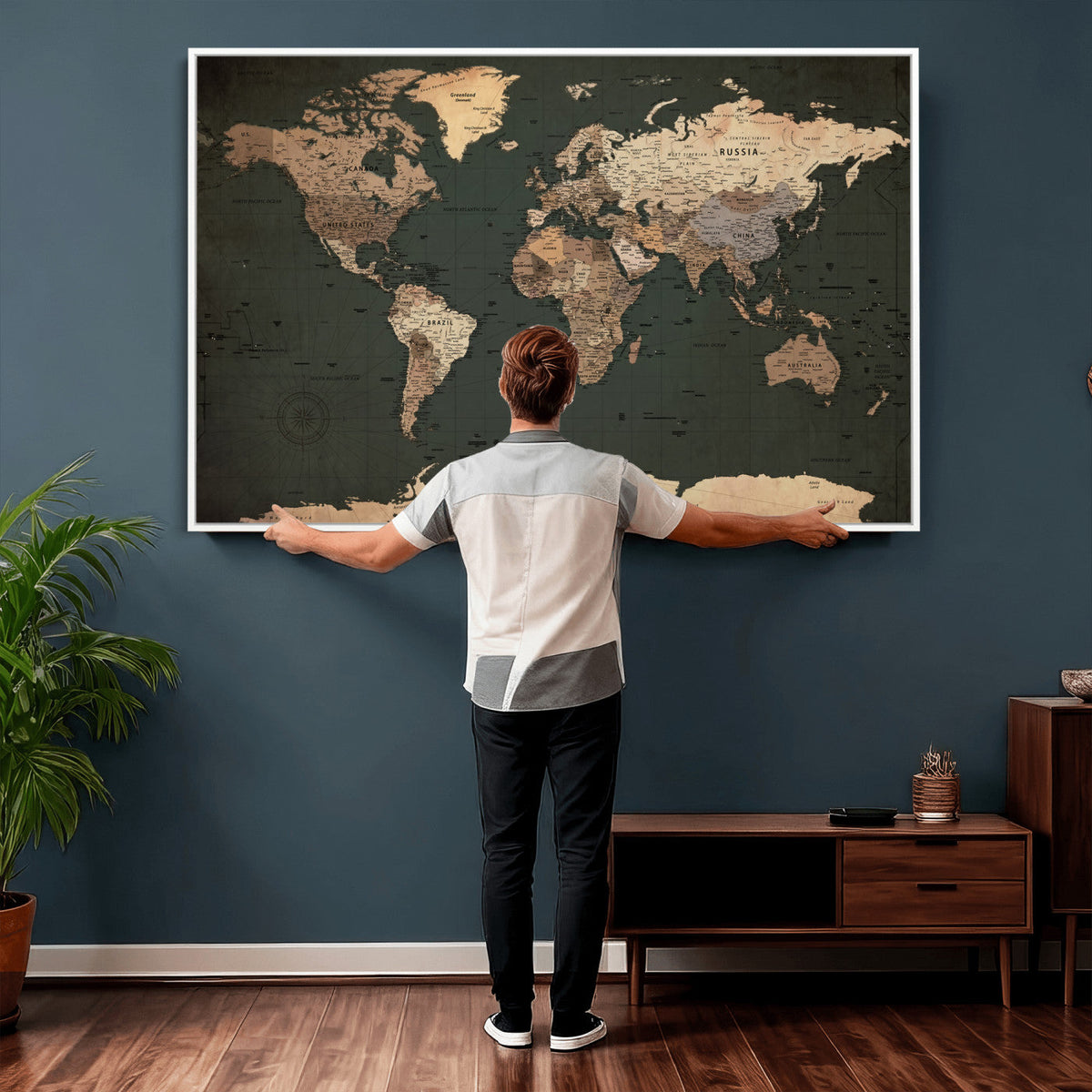 42327656-MGV-CV-36X24 - Extra Large Framed Personalize Push Pin World Map Wall Art Canvas Print for Travel Tracking - NEWMAP-116