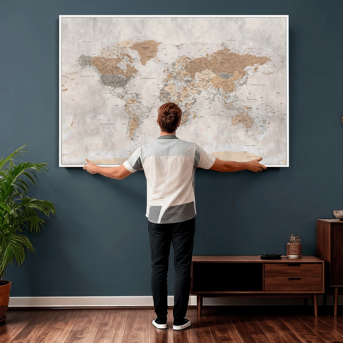 18074626DD-MGV-CV-36X24 - Extra Large Framed Personalize Push Pin World Map Wall Art Canvas Print for Travel Tracking NEWMAP - 009