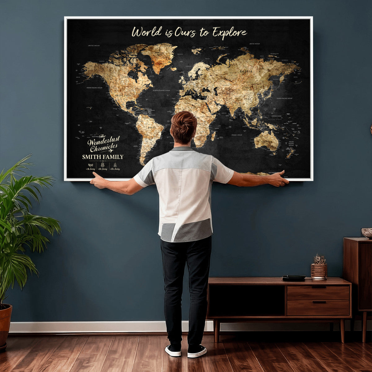 Personalized Beige Push Pin Travel Map Canvas Print, Family Travel Tracker, Bedroom and Entryway Decor