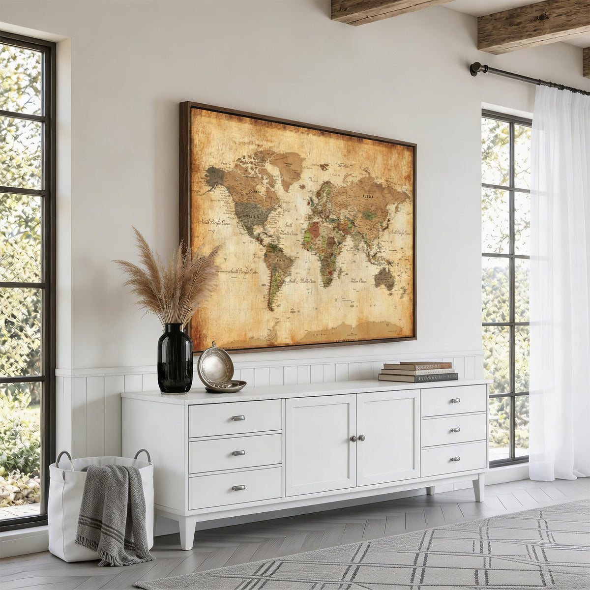 26621467D-MGV-CV-36X24 - Custom Push Pin World Map Wall Art Canvas Print – Personalized Travel Tracker with Pins Framed Large for Home and Office Decor