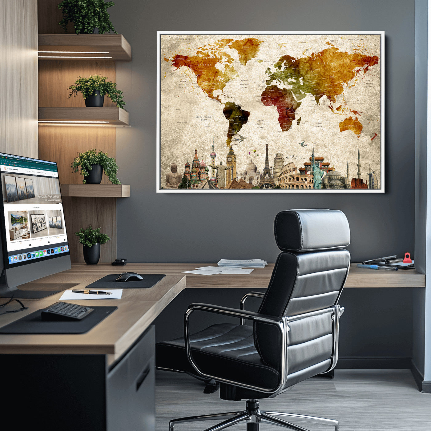 Push Pin World Map Canvas Print – Framed Wall Art for Couples to Track Their Travels – Anniversary Gift or Home Adventure Decor