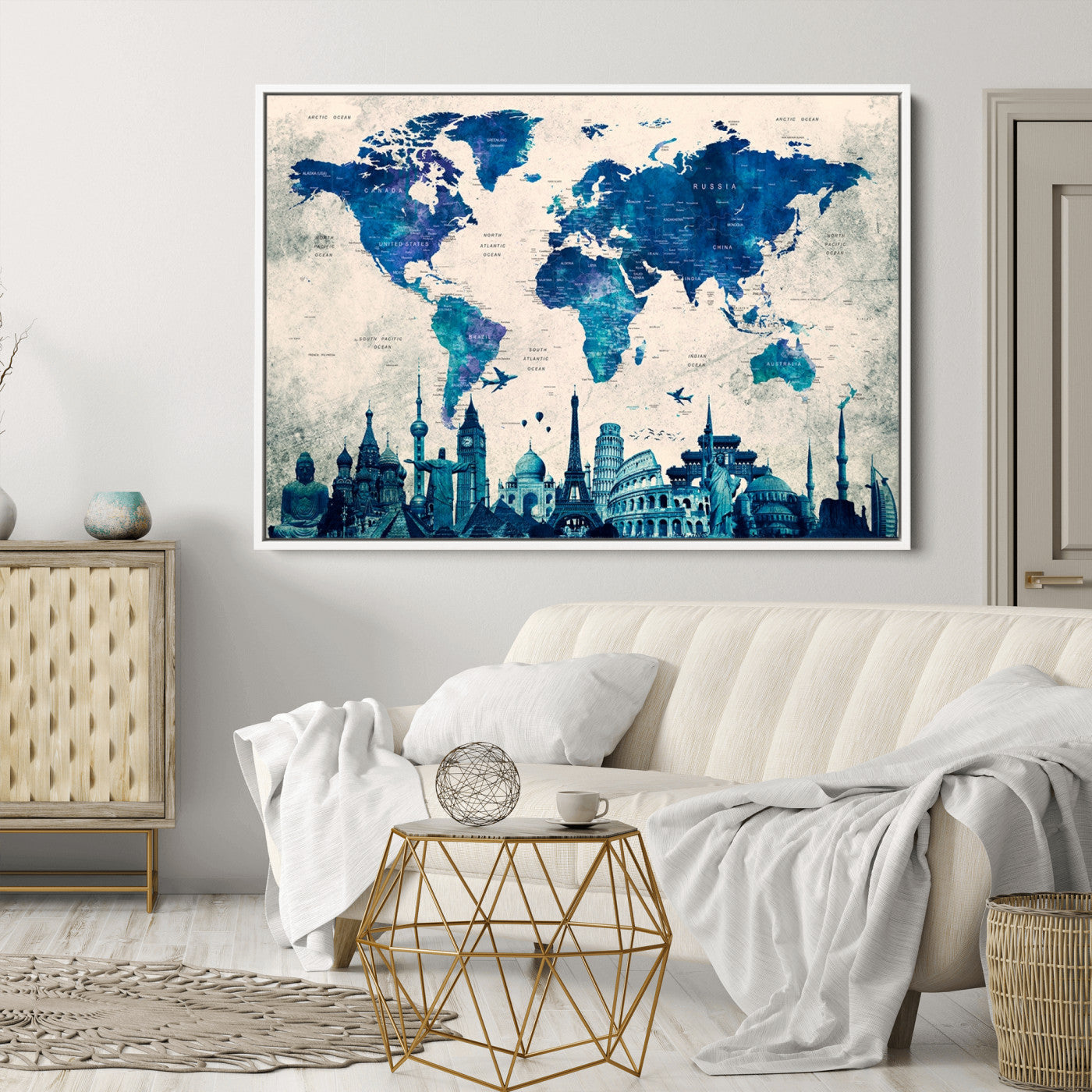 Navy Blue World Map Canvas Print, Wonder of World Map Push Pin Canvas Print