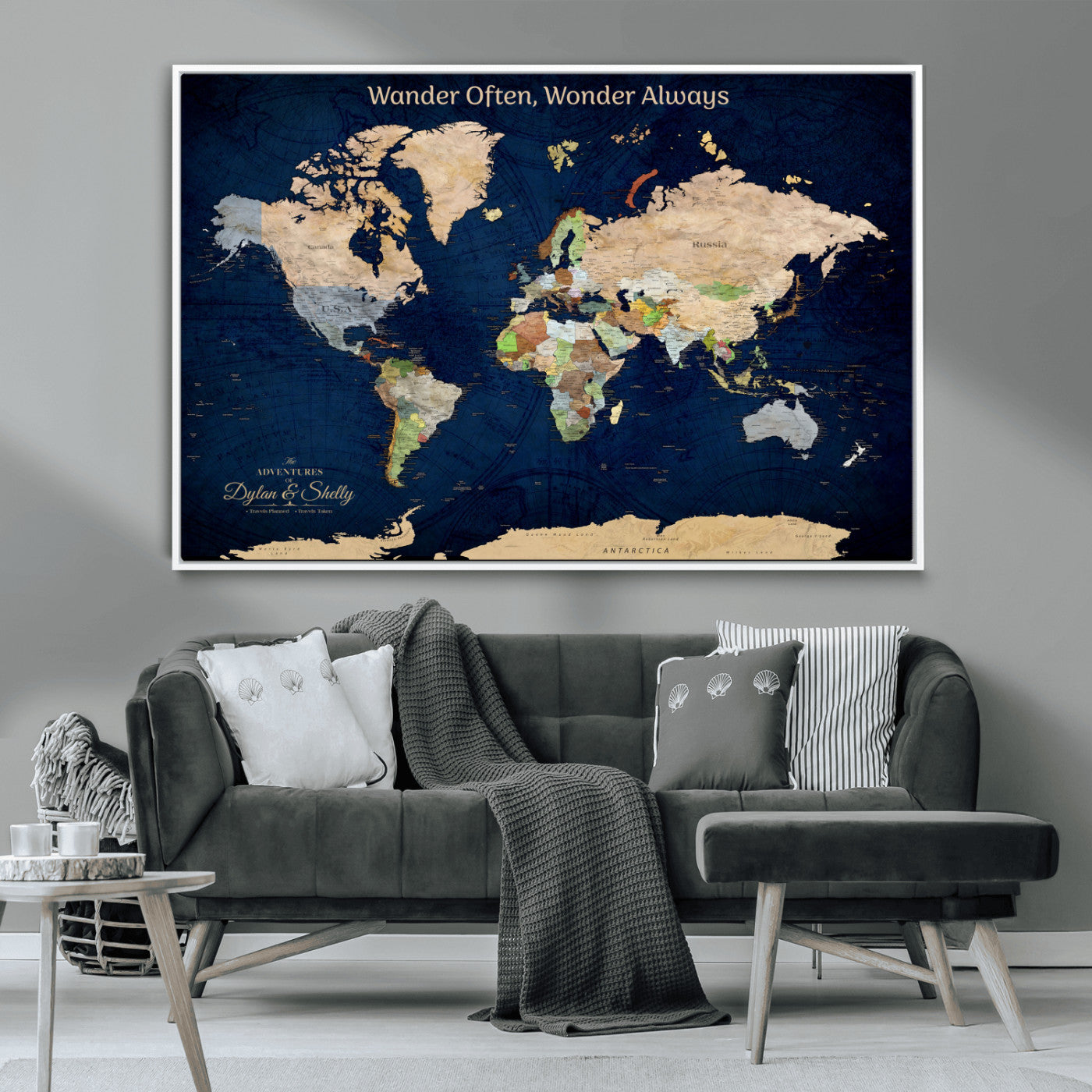 12399561-MGV-CV-30X20-Personalized World Map Print, Customizable Push Pin Framed World Map Print on Canvas - Custom Quote on Map Print