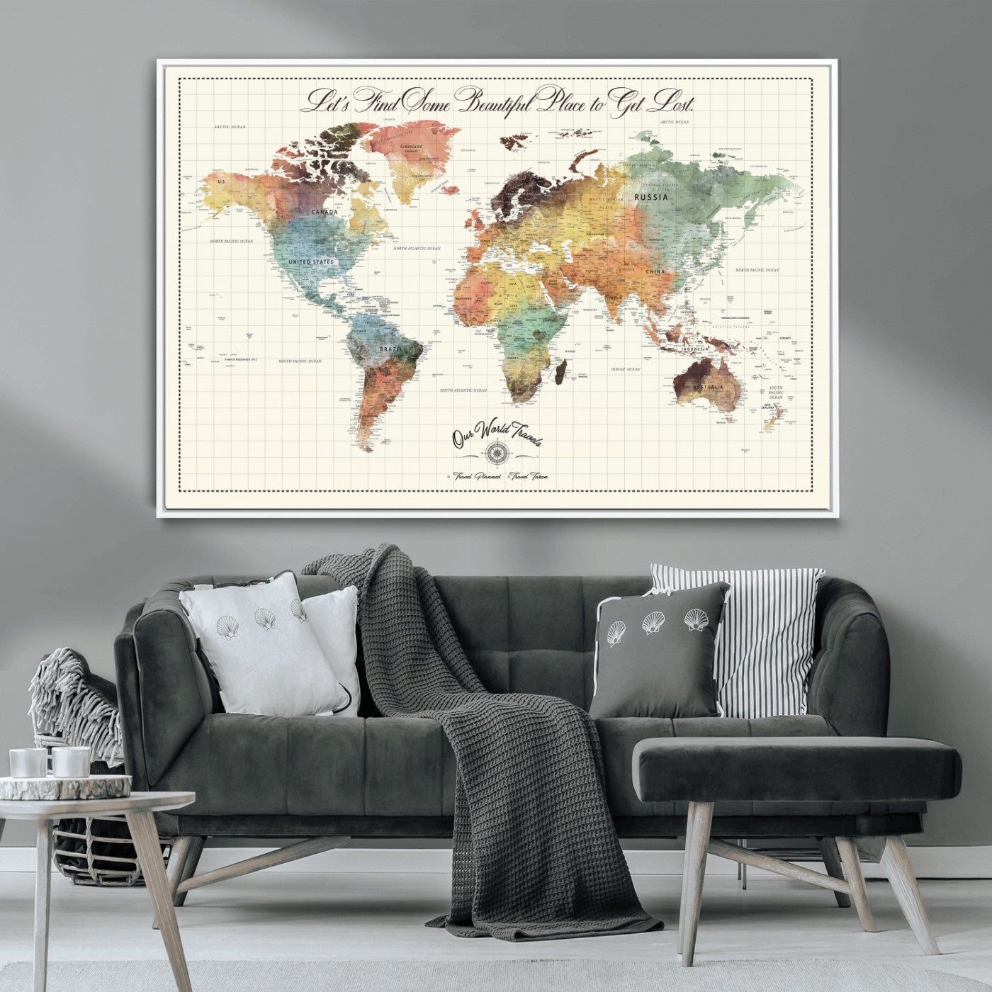 29289638-MGV-CV-36X24-Personalized World Map Print - Customizable Push Pin Framed World Map Print on Canvas - Custom Quote on Map Print