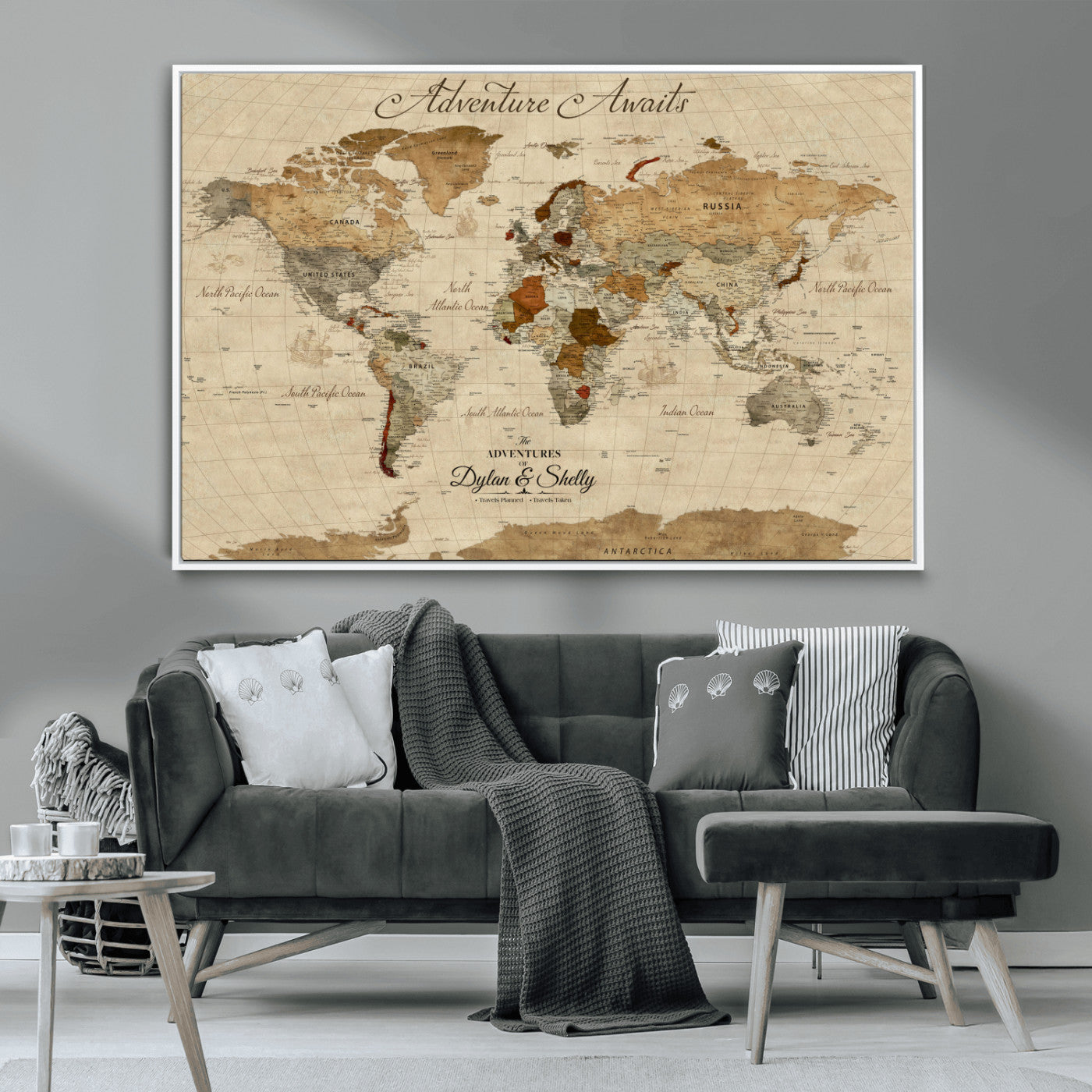 29054239-MGV-CV-36X24-Personalized World Map Print - Customizable Push Pin Framed World Map Print on Canvas - Custom Quote on Map Print