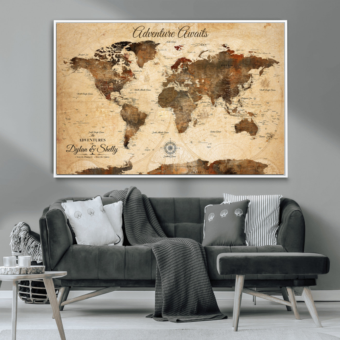 66357947-MGV-FC-36X24_White-Personalized World Map Print, Customizable Push Pin Framed World Map Print on Canvas - Custom Quote on Map Print