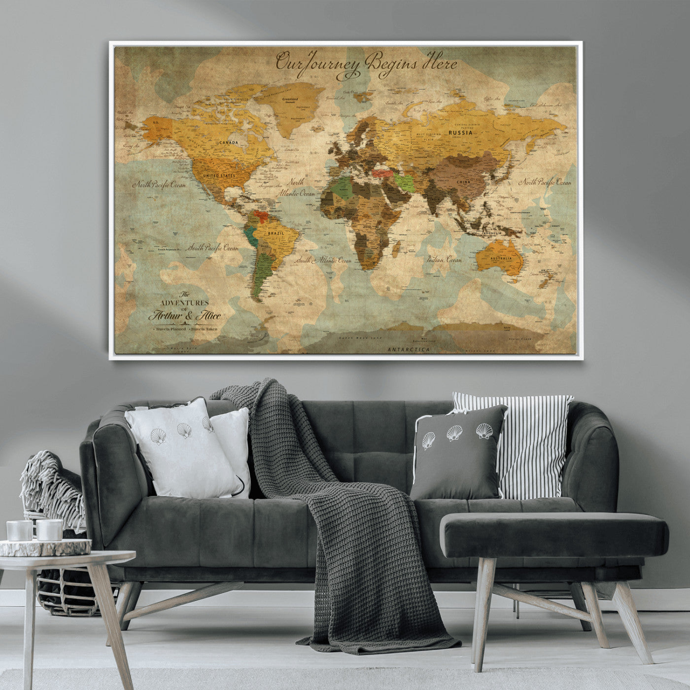75523223-MGV-CV-36X24-Custom Push Pin World Map Wall Canvas Print – Personalized Travel Tracker with Pins – Framed Custom Quotie Canvas for Home Office
