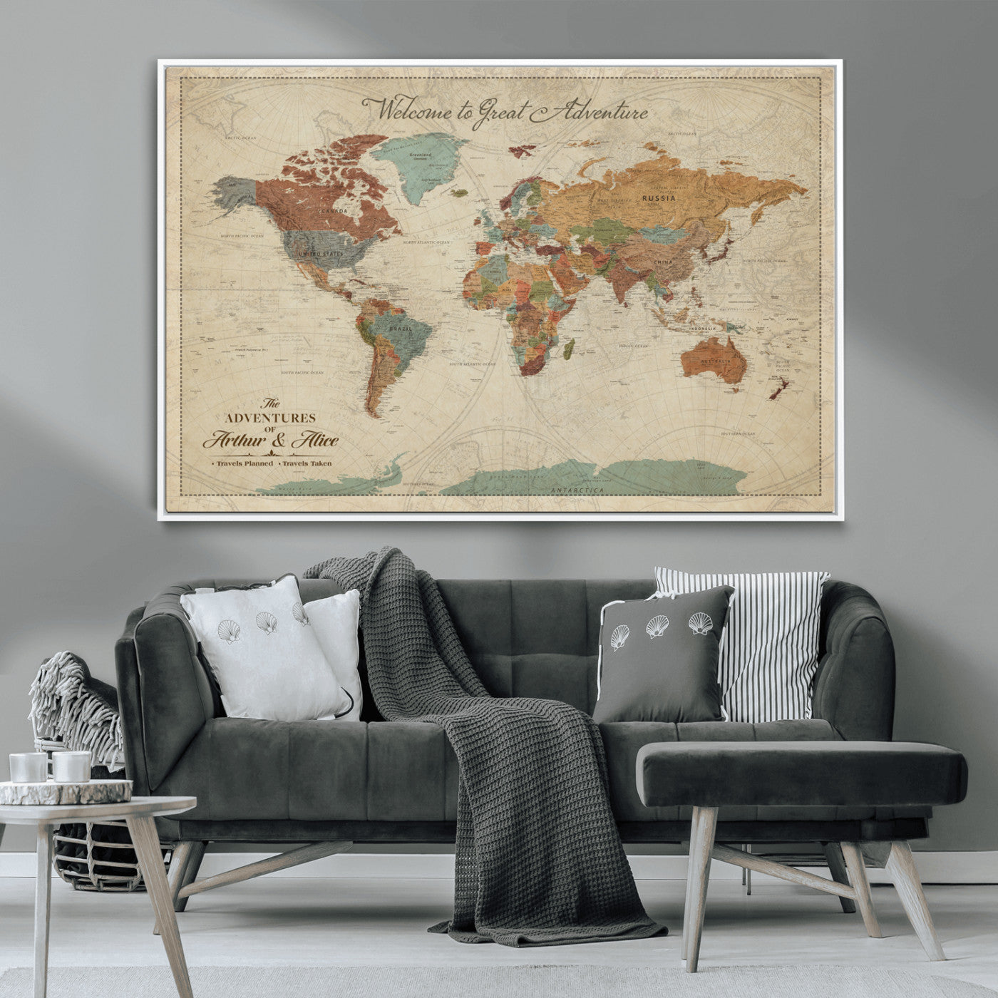 54152425-MGV-CV-36X24-Custom Push Pin World Map Wall Canvas Print – Personalized Travel Tracker with Pins – Framed Custom Map Quotie Canvas for Home Office Decor