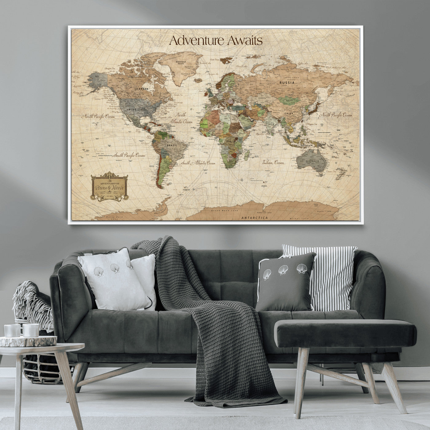 33020399-MGV-CV-30X20-Custom Push Pin World Map Wall Canvas Print – Personalized Travel Tracker with Pins – Framed Custom Quotie Canvas for Home Office Decor