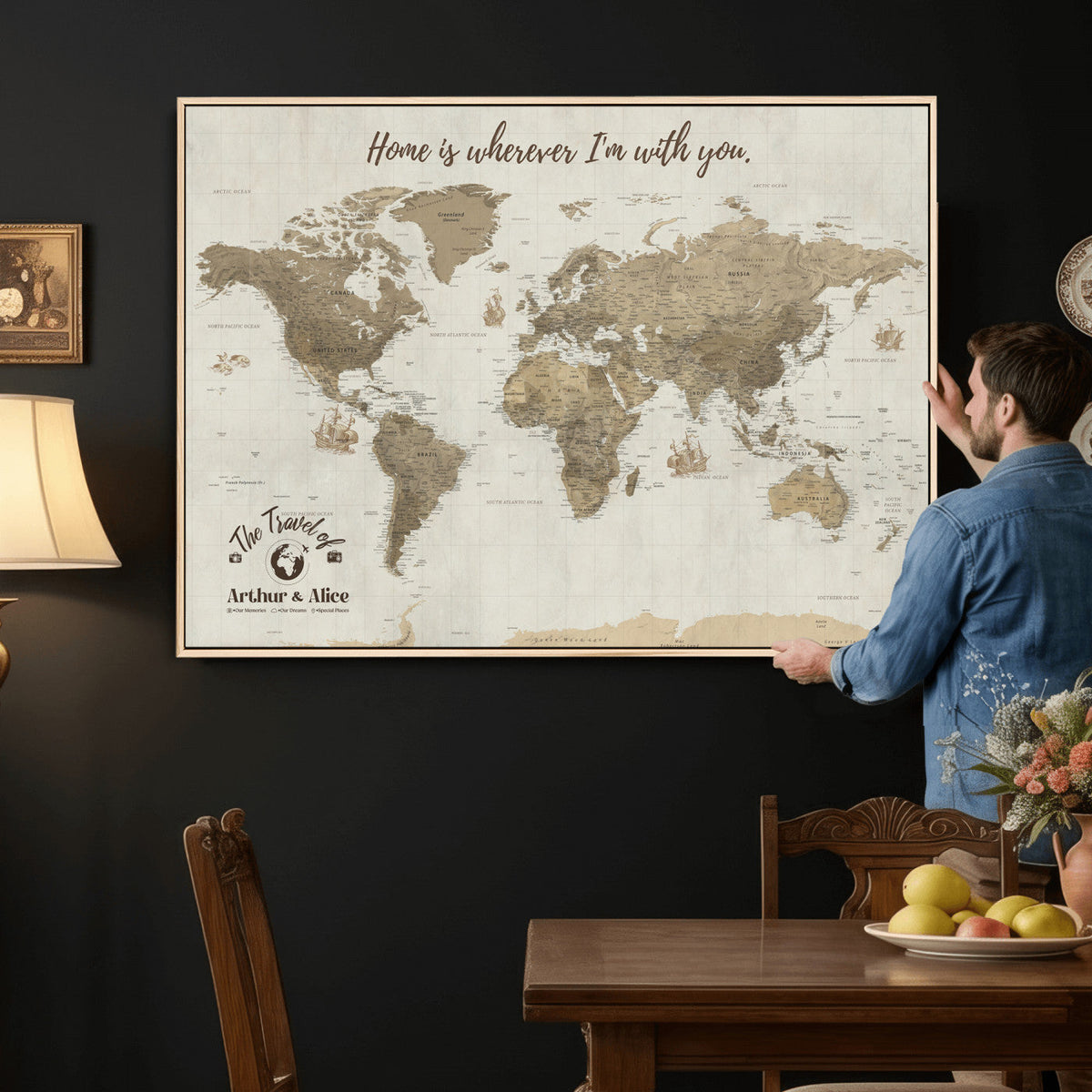 Custom Beige Geometric World Map Canvas with Push Pins, Honeymoon and Anniversary Gift, Dining Room and Hallway Decor