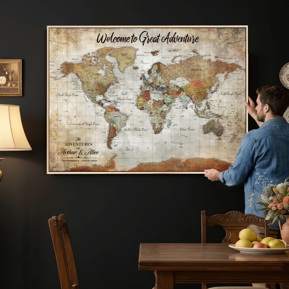 Personalized Beige Push Pin World Map Wall Art, Bucket List Map, Living Room and Family Room Decor