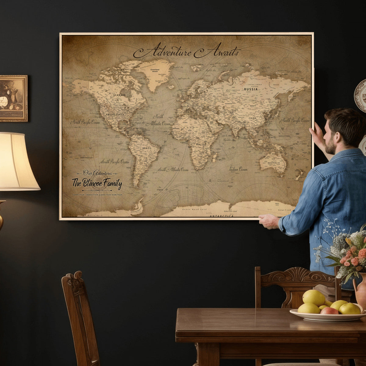 Personalized Framed Beige World Travel Map Wall Art with Pins, Family Travel Tracker, Family Room and Entryway Decor