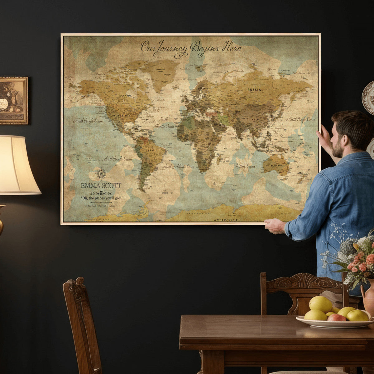 Personalized Navy Push Pin Travel Map Canvas Print, Couples Countries Visited Map, Living Room and Dining Room Decor