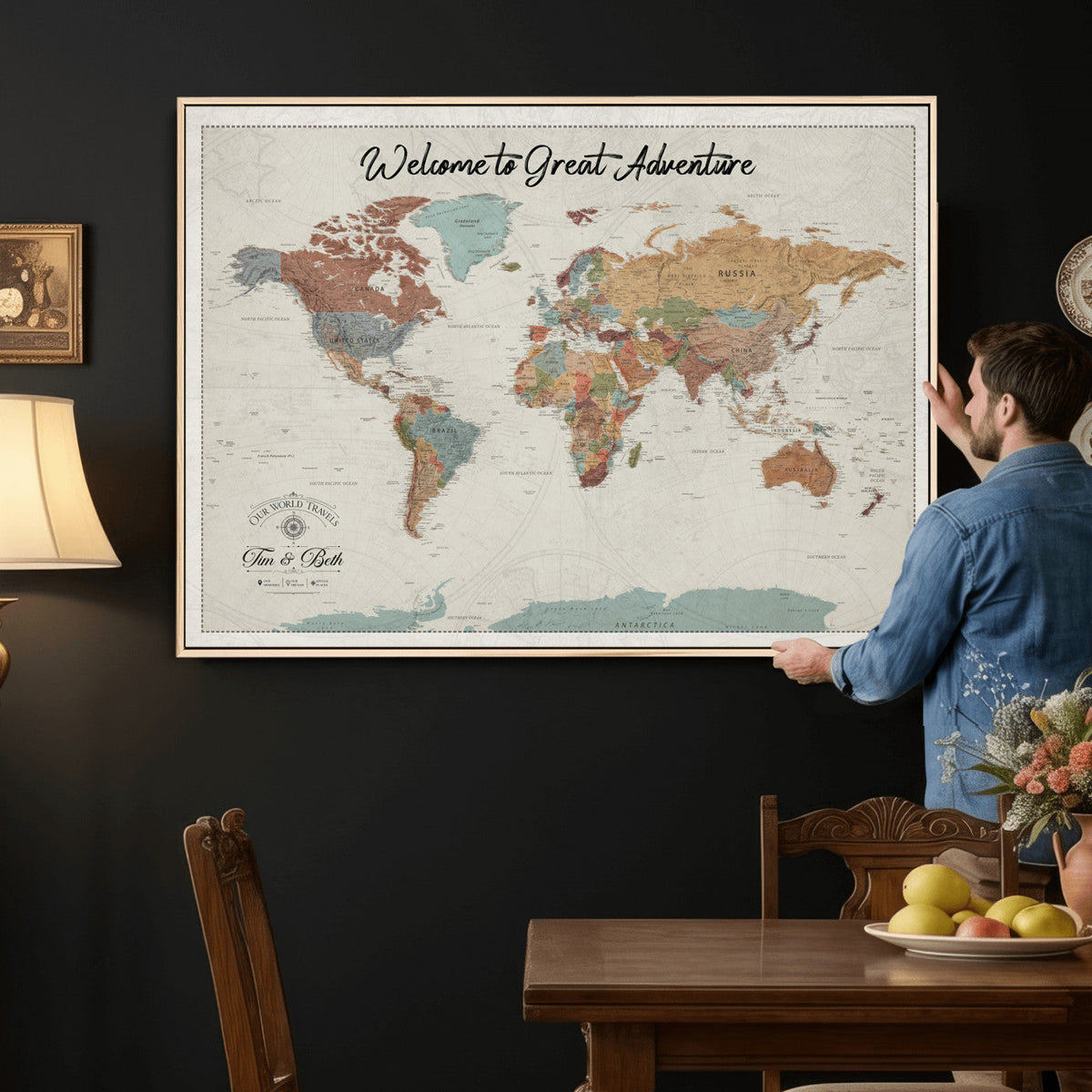 Custom Beige Push Pin World Map Canvas Print, Bucket List Map, Dining Room and Home Office Decor