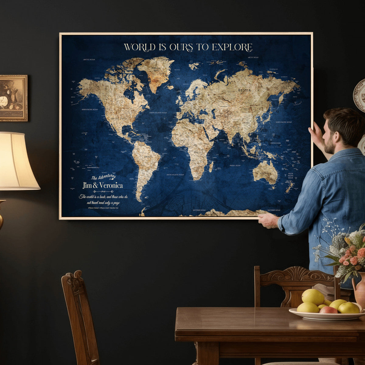 35296308-MGV-CV-36X24 - Custom Push Pin World Map Wall Art Canvas Print | Personalized Travel Tracker with Pins Framed Large for Home and Office Decor