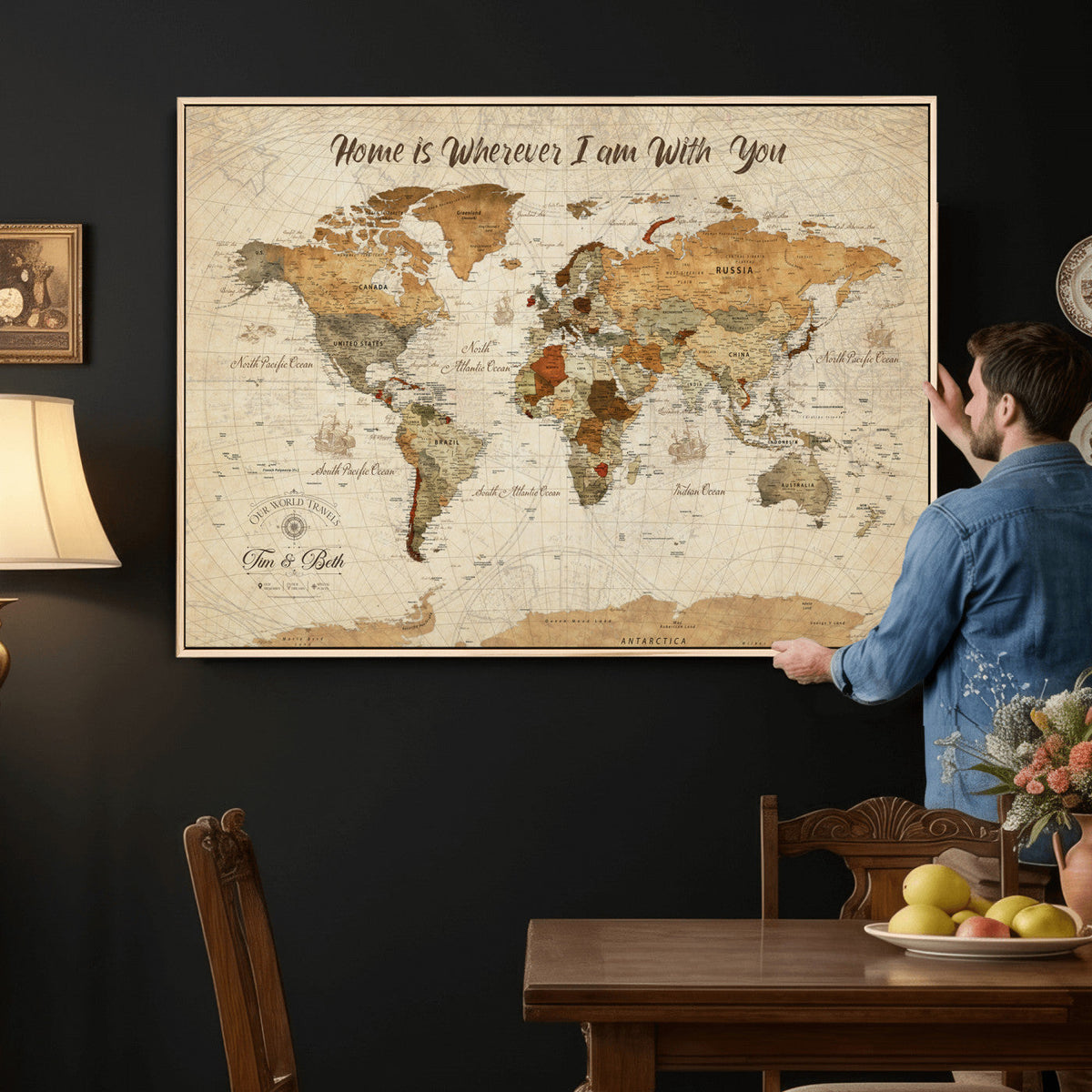 Personalized Framed Black Modern Push Pin World Map Wall Art, Couples Countries Visited Map, Dining Room and Hallway Decor