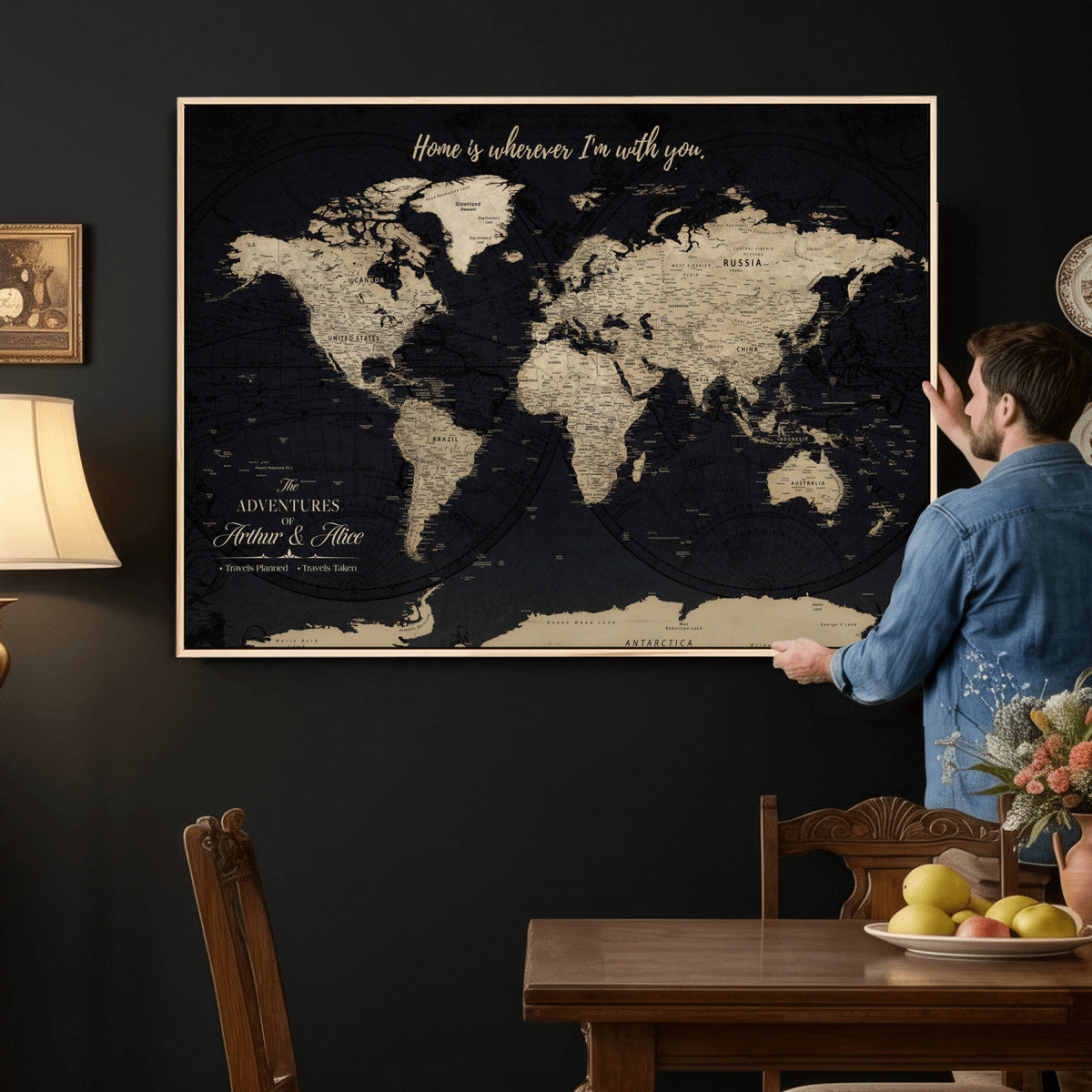 Personalized Framed Beige Modern Push Pin World Map Canvas Print, Places Visited Tracker, Family Room and Bedroom Decor