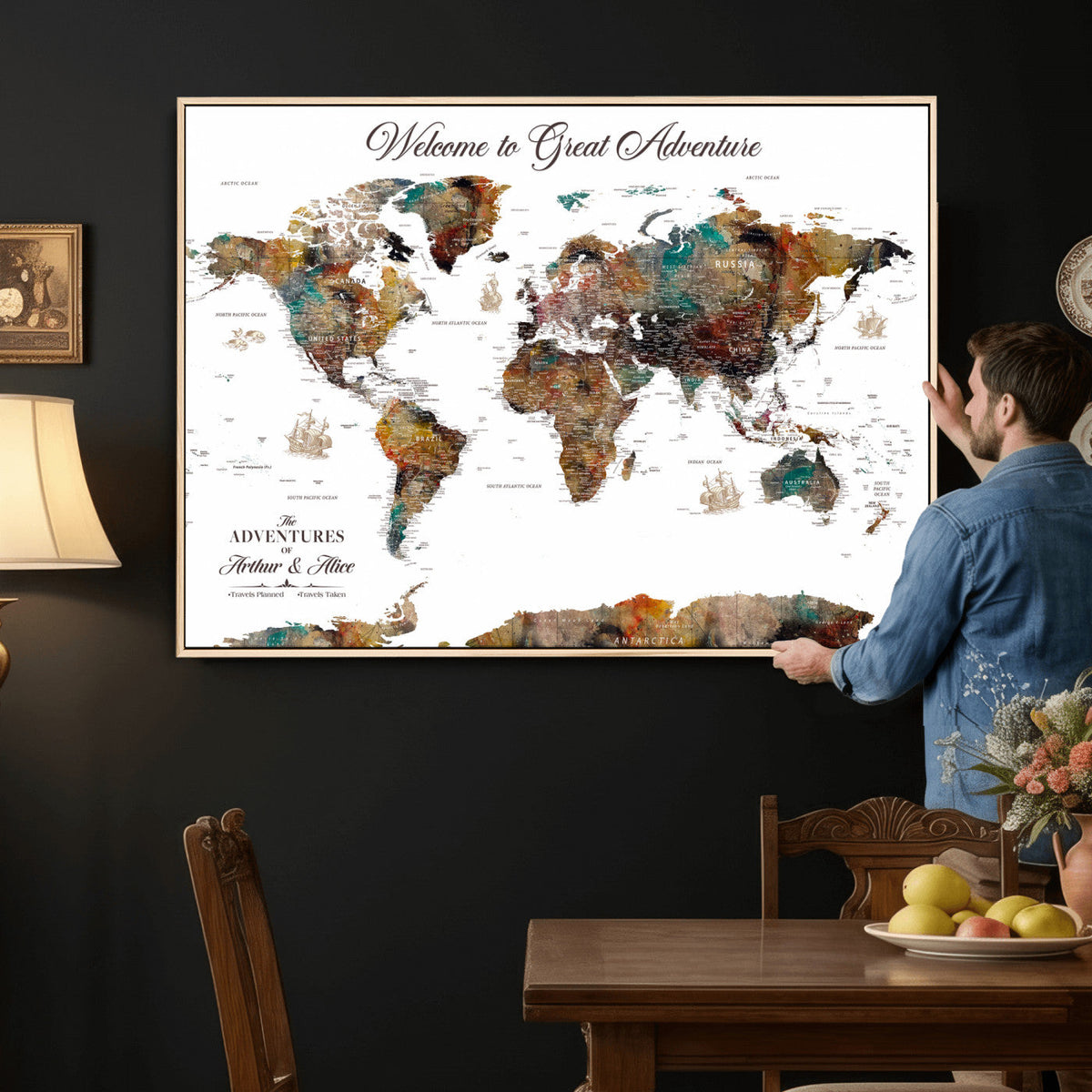 Custom Framed Beige Modern Push Pin World Map Wall Art, Couples Countries Visited Map, Study and Entryway Decor
