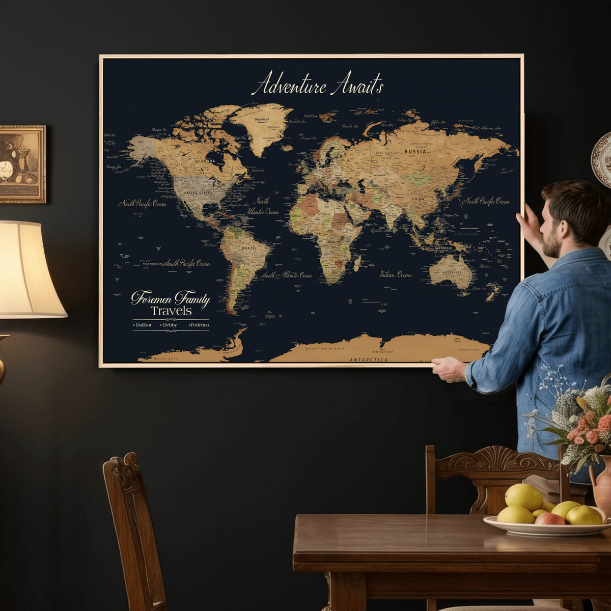 Personalized Framed Beige Geometric Family Push Pin World Map Canvas Print, Next Trip Planner Map, Family Room and Entryway Decor