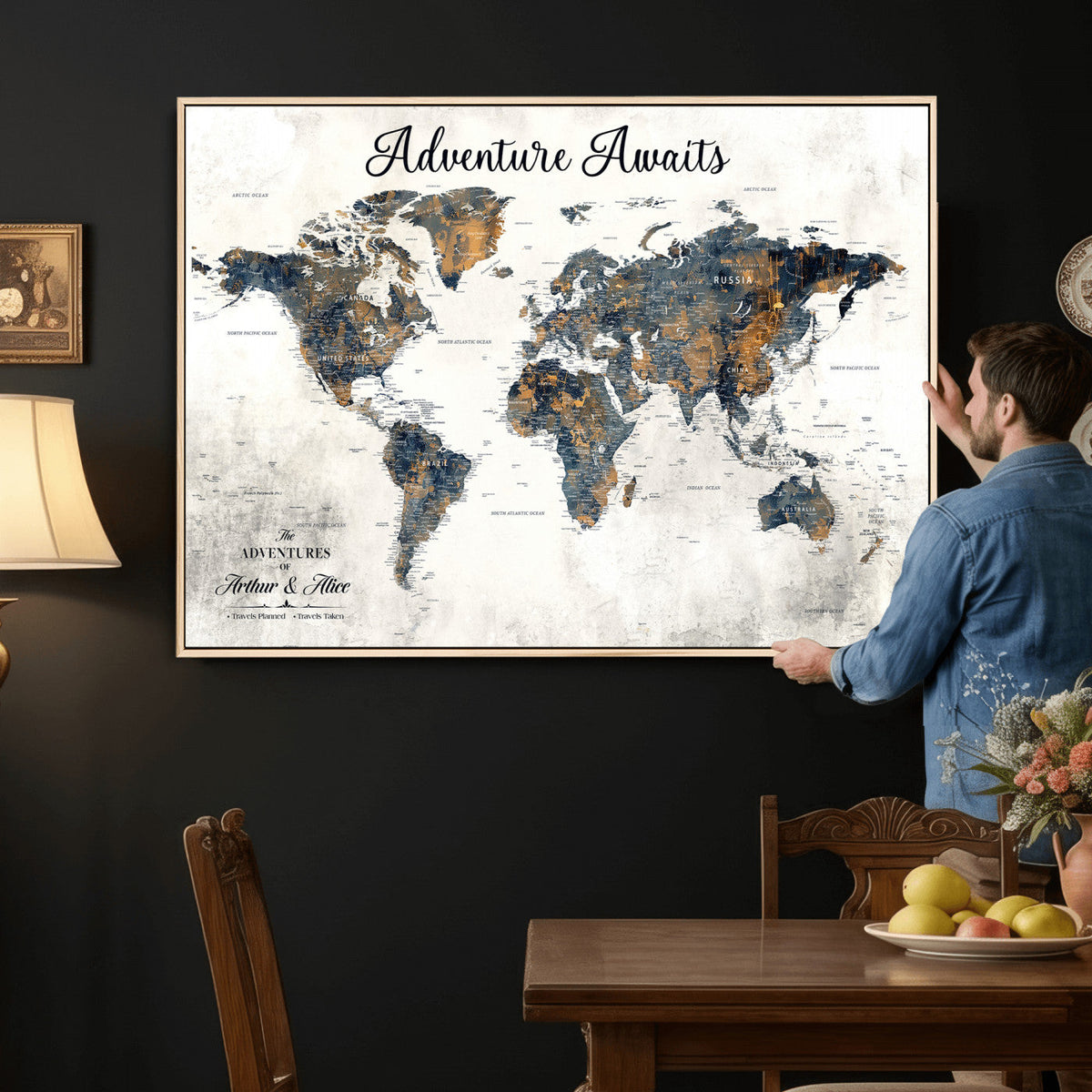Custom Framed Beige Geometric World Travel Map Wall Art with Pins, Places Visited Tracker, Family Room and Home Office Decor