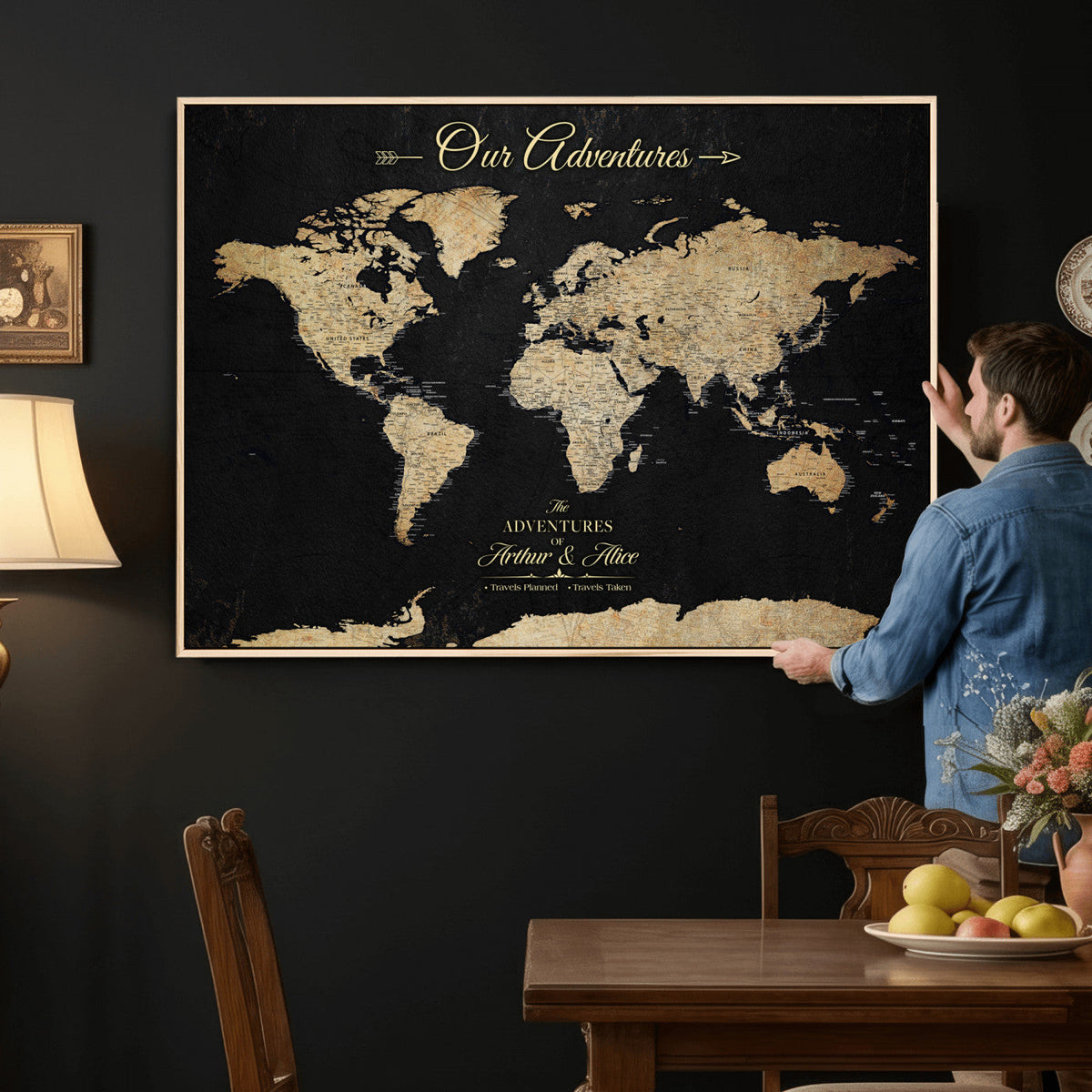 Personalized Framed Beige Push Pin World Map Canvas Print, Family Travel Tracker, Bedroom and Home Office Decor