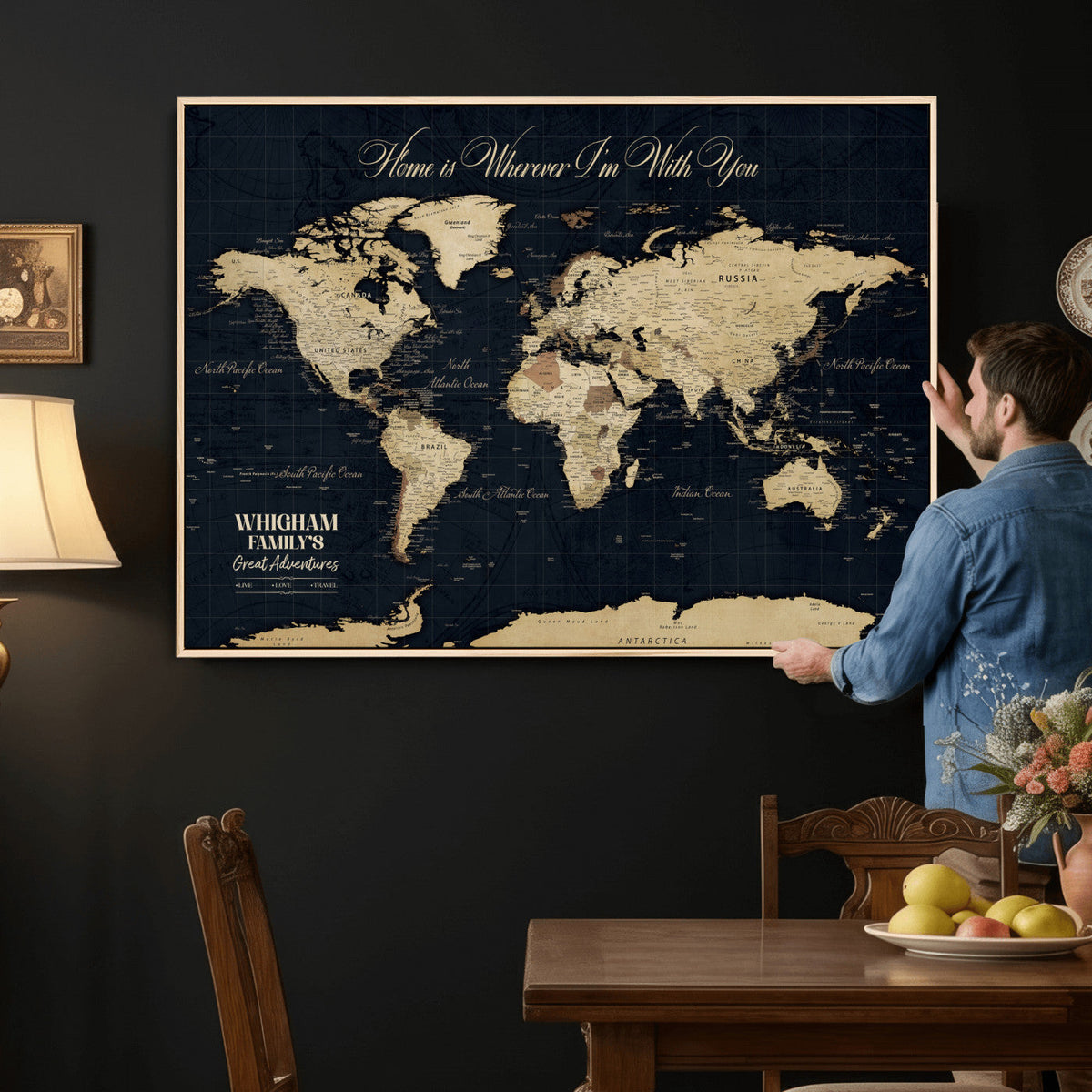 Personalized Framed Beige Geometric Push Pin World Map Wall Art, Couples Countries Visited Map, Bedroom and Hallway Decor