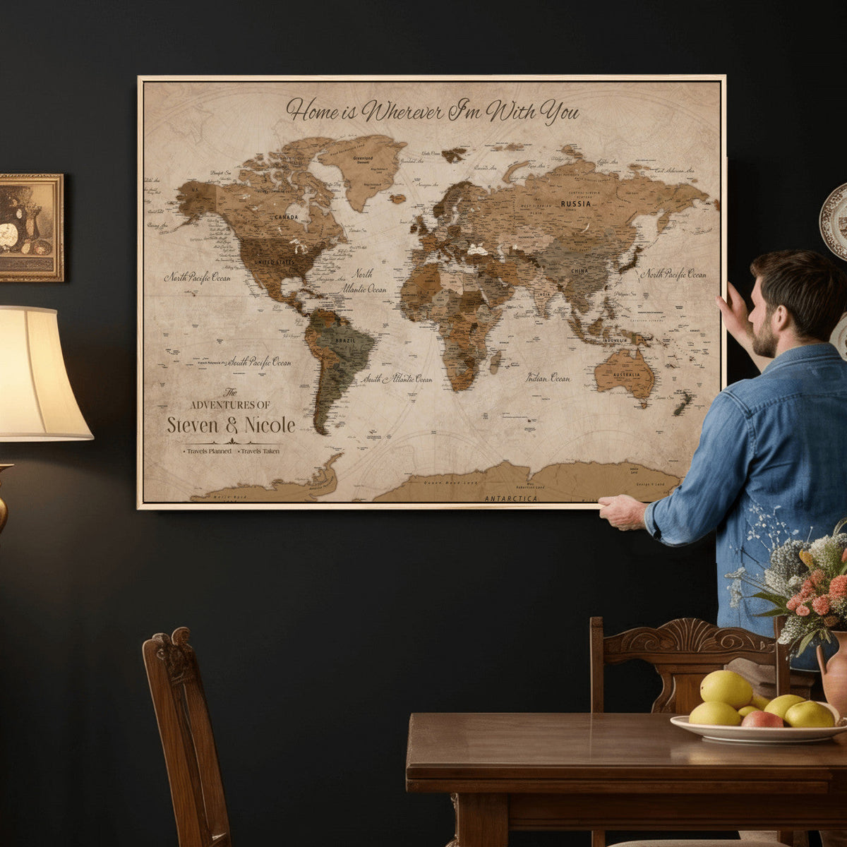 Personalized Framed Beige World Map Canvas with Push Pins, Honeymoon and Anniversary Gift, Living Room and Hallway Decor