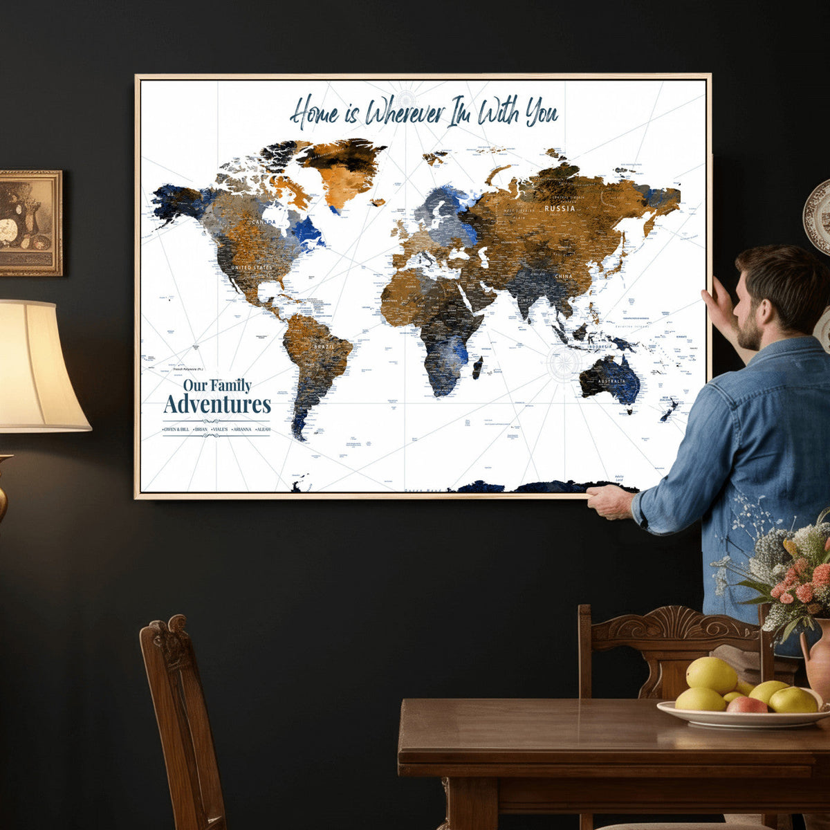 Personalized Framed Beige Modern Push Pin World Map Wall Art, Next Trip Planner Map, Family Room and Home Office Decor