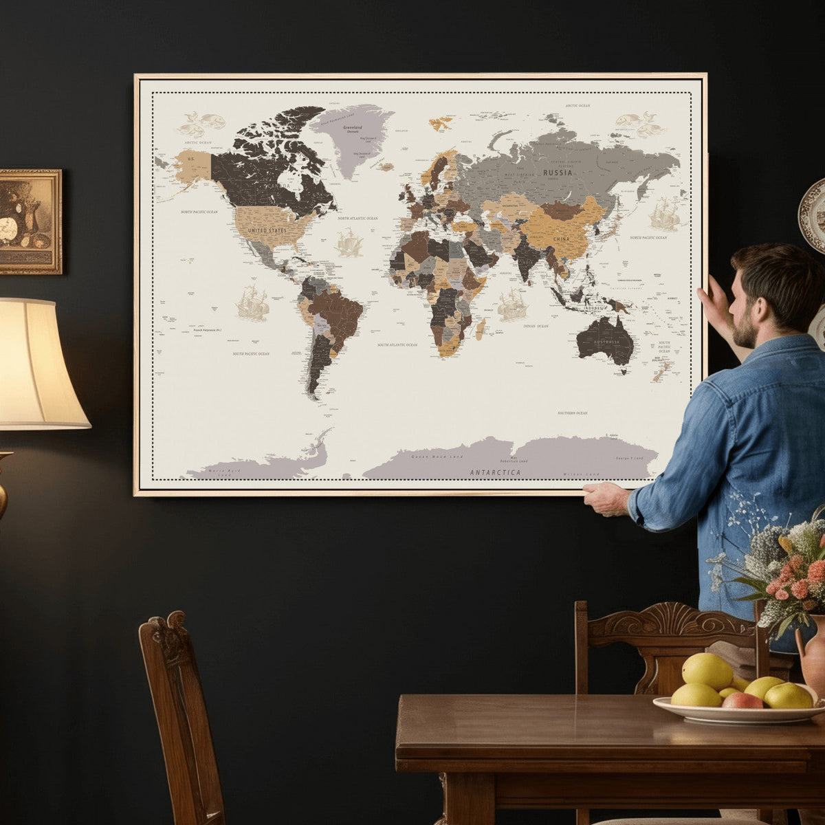 58777746-MGV-CV-36X24 - Custom Beige Modern Push Pin World Map Canvas Print, Places Visited Tracker, Bedroom and Study Decor