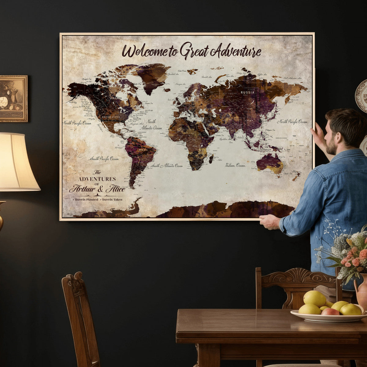 64110391126-MGV-CV-36X24 - Custom Beige World Travel Map Wall Art with Pins, Places Visited Tracker, Family Room and Entryway Decor