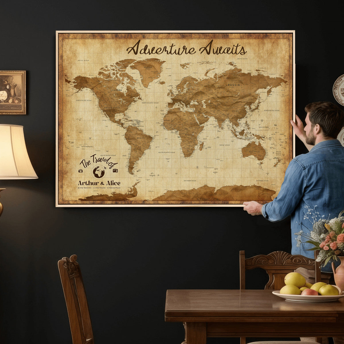 43427501-MGV-CV-36X24 - Custom Push Pin World Map Canvas Print | Personalized Travel Map Wall Art