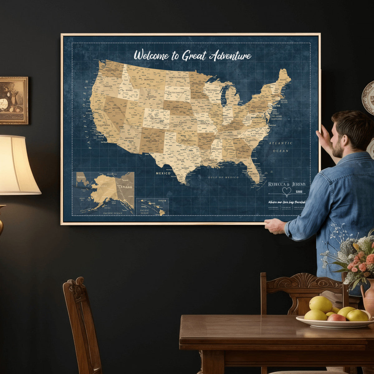 58851035-MGV-CV-36X24 - Custom Cream Push Pin USA Map Canvas Print, 50 State Bucket List Map, Family Room and Hallway Decor