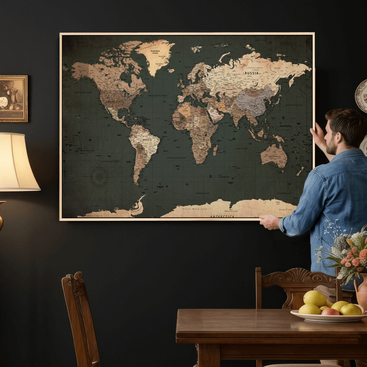 42327656-MGV-CV-36X24 - Extra Large Framed Personalize Push Pin World Map Wall Art Canvas Print for Travel Tracking - NEWMAP-116