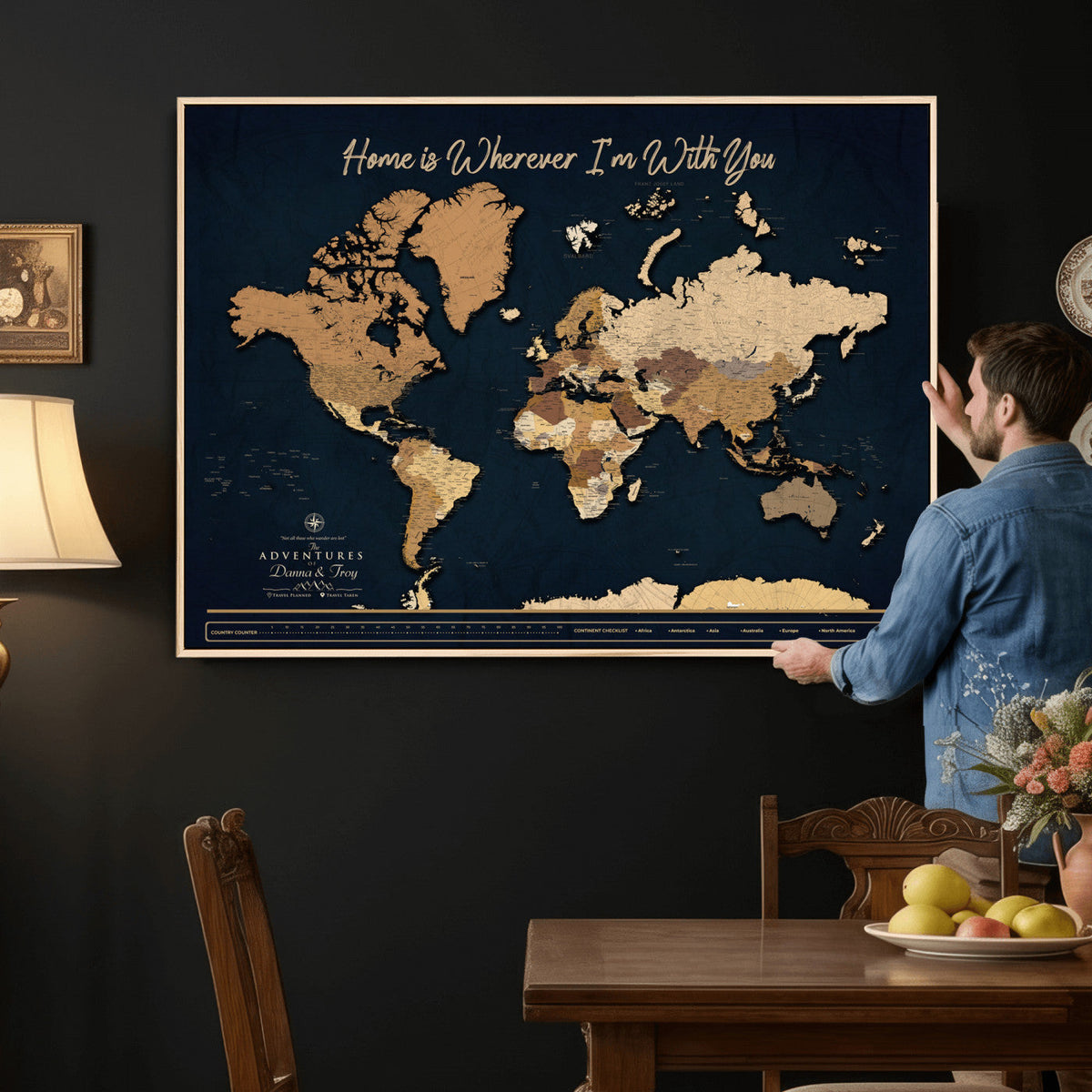 13903533-MGV-CV-36X24 - Extra Large Framed Personalize Push Pin World Map Wall Art Canvas Print for Travel Tracking - NEWMAP-152