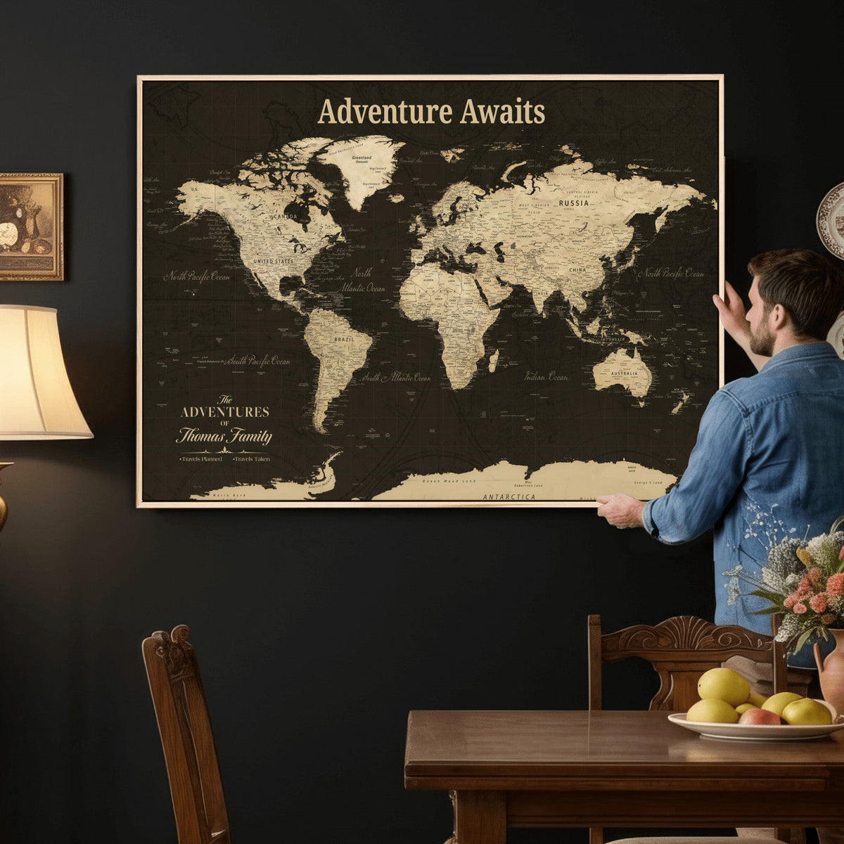 Custom Beige Modern World Travel Map Wall Art with Pins, Family Travel Tracker, Dining Room and Entryway Decor
