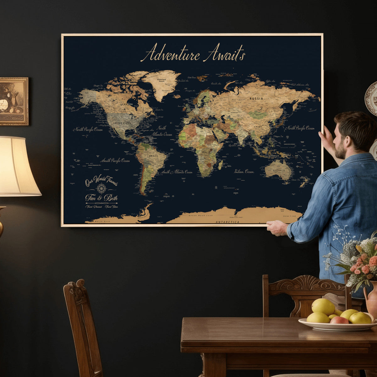 Custom Beige Push Pin World Map Wall Art, Family Travel Tracker, Home Office and Study Decor