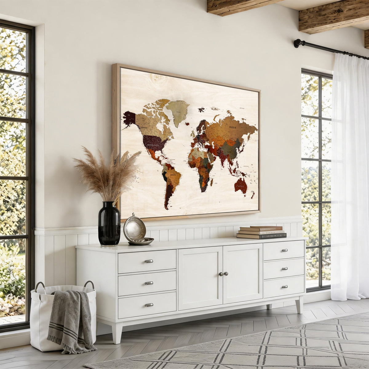 35728547D-MGV-CV-36X24 - Custom Push Pin World Map Wall Art Canvas Print – Personalized Travel Tracker with Pins Framed Large for Home and Office Decor
