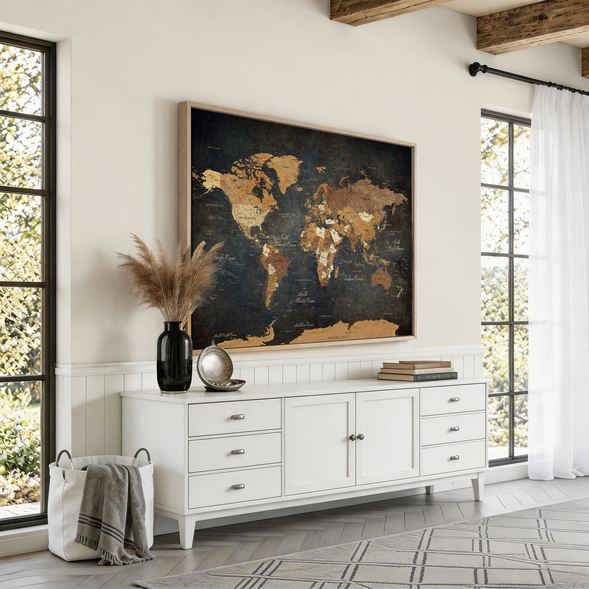 40660012D-MGV-CV-36X24 - Custom Push Pin World Map Wall Art Canvas Print – Personalized Travel Tracker with Pins Framed Large for Home and Office Decor