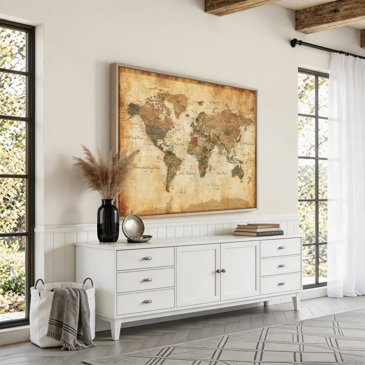 26621467D-MGV-CV-36X24 - Custom Push Pin World Map Wall Art Canvas Print – Personalized Travel Tracker with Pins Framed Large for Home and Office Decor