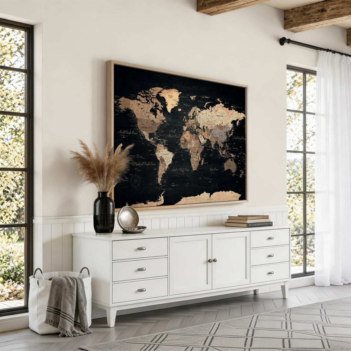 55335455D-MGV-CV-36X24 - Custom Push Pin World Map Wall Art Canvas Print – Personalized Travel Tracker with Pins Framed Large for Home and Office Decor