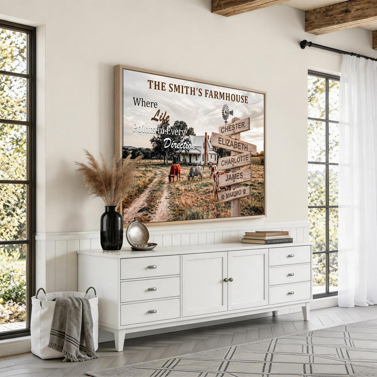 Personalized Farmhouse Family Signpost Canvas, Custom Name Wall Art