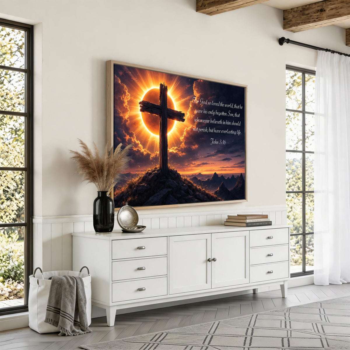 PatioSign02JSS-MGV-CV-36X24 - Custom Bible Verse Cross Canvas, Personalized Christian Wall Art