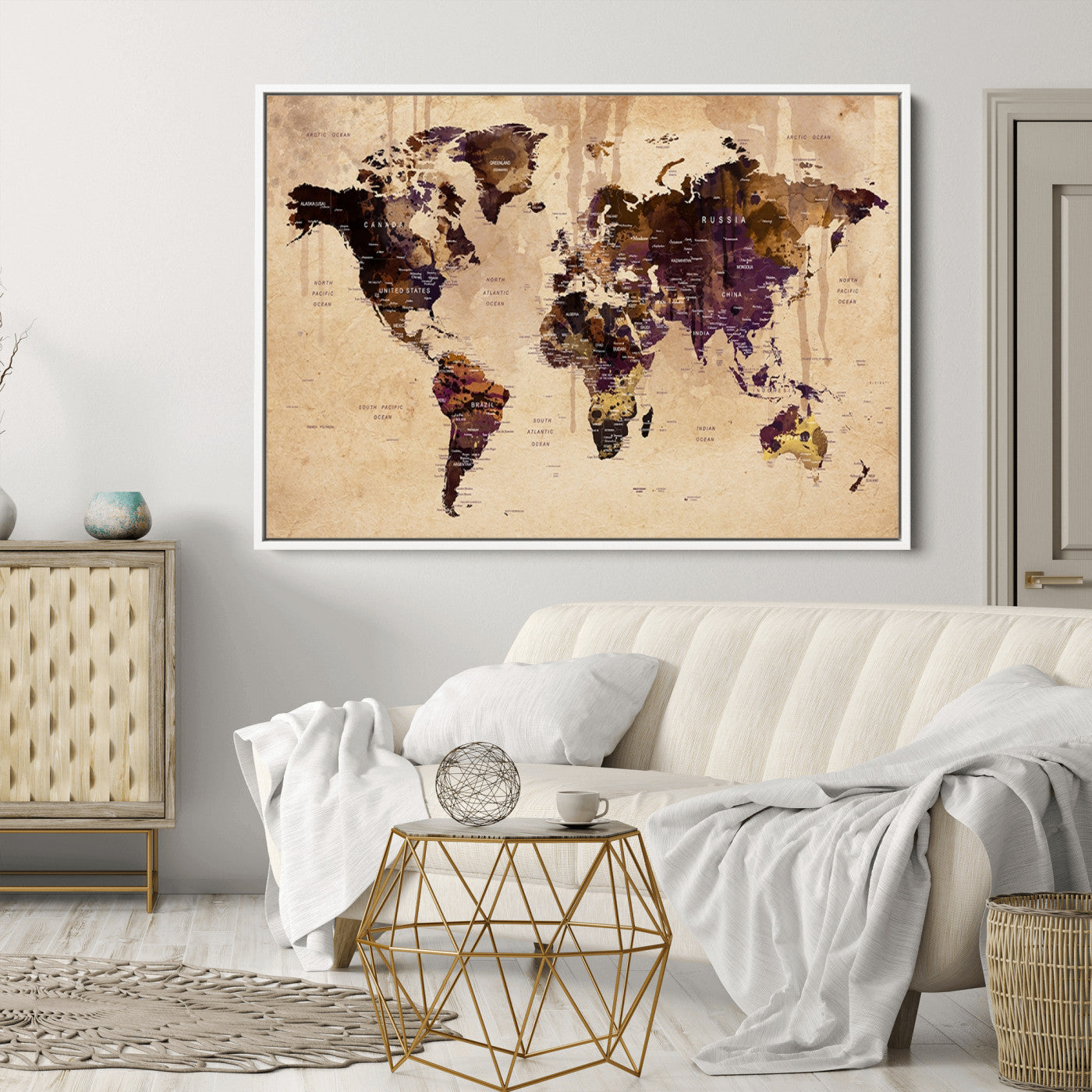 Push Pin World Map Canvas Print – Framed Wall Art for Couples to Track Their Travels – Anniversary Gift or Home Adventure Decor