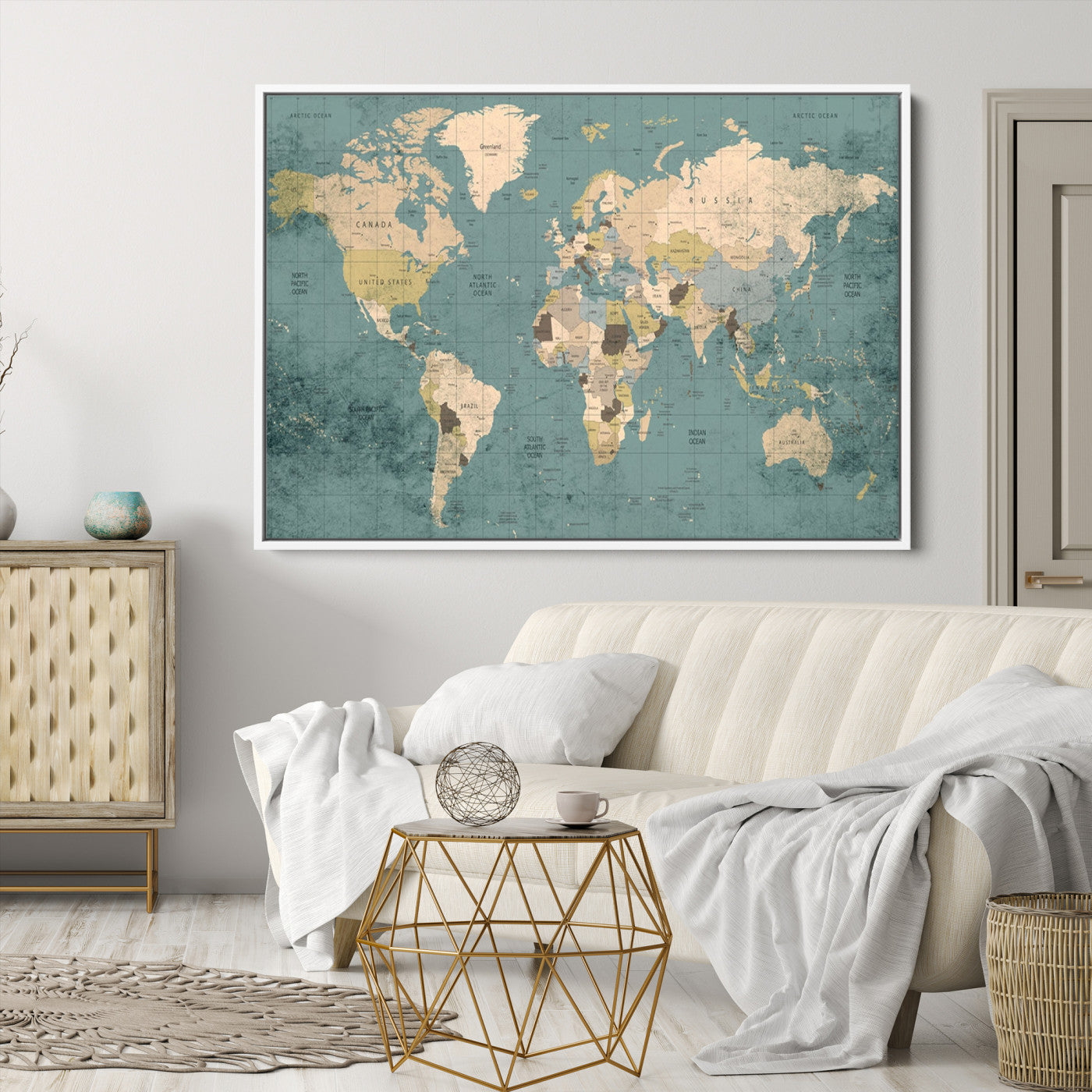 Classic World Map Wall Art Canvas Print, Framed Retro Map Art Picture Print, Vintage Atlas Perfect Rustic Explorer Decor Artwork